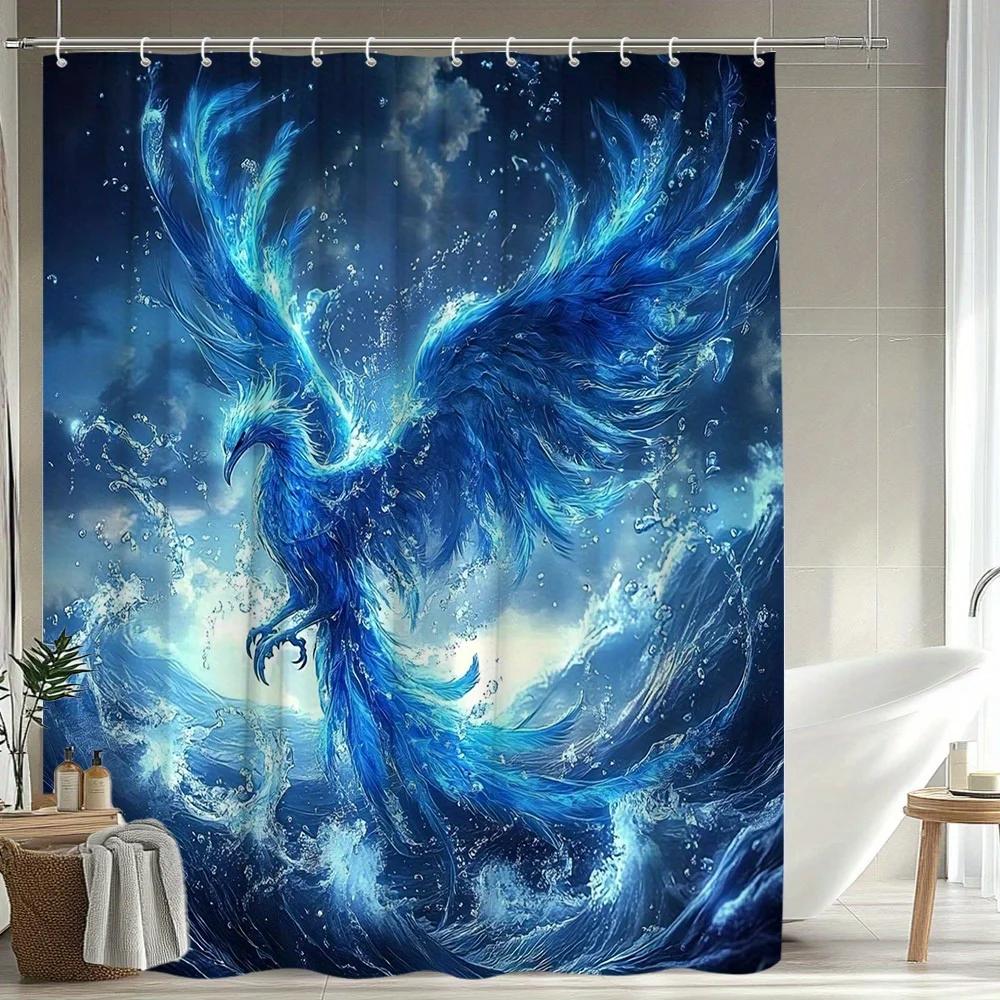 1Pc Mystic Phoenix Shower Curtain - Vibrant Blue & Golden Phoenix Design, Polyester Fabric, 70. 8X70. 8 Inches, 12 Hooks,