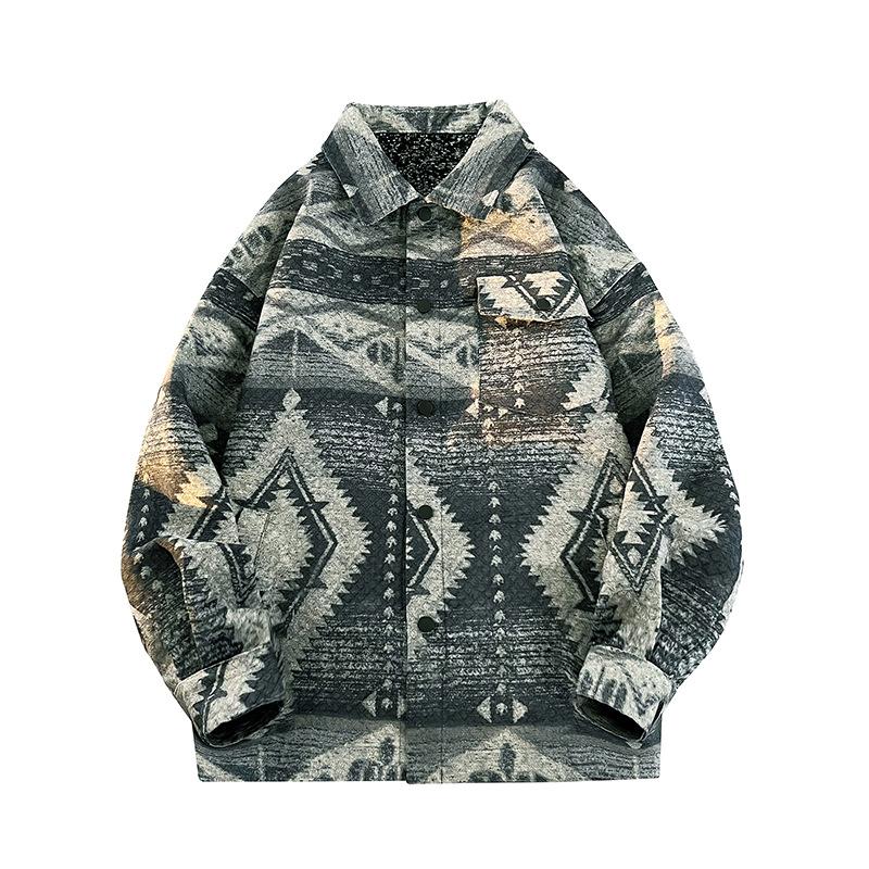 Retro Žakárová Klopová Košilová Bunda Pánská Podzimní Korejská Volná Ležérní Bunda