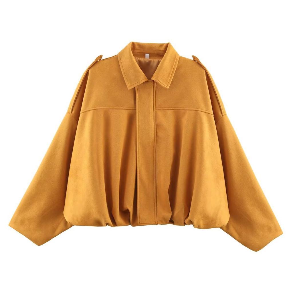Giacca da Donna Verde Oliva Oversize effetto Suede con Revers e Maniche a Palloncino