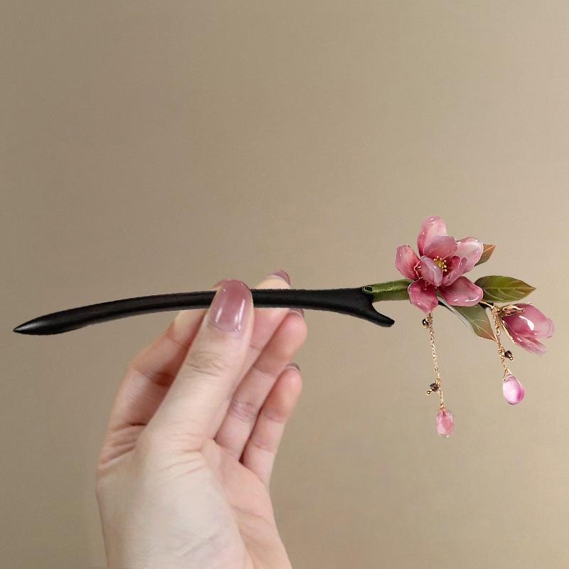Floral Hair Stick Chinese Hairpin, Pink Flower Tassel Retro Traditional Hanfu Elegant Hair Accessory For Women Daily Party