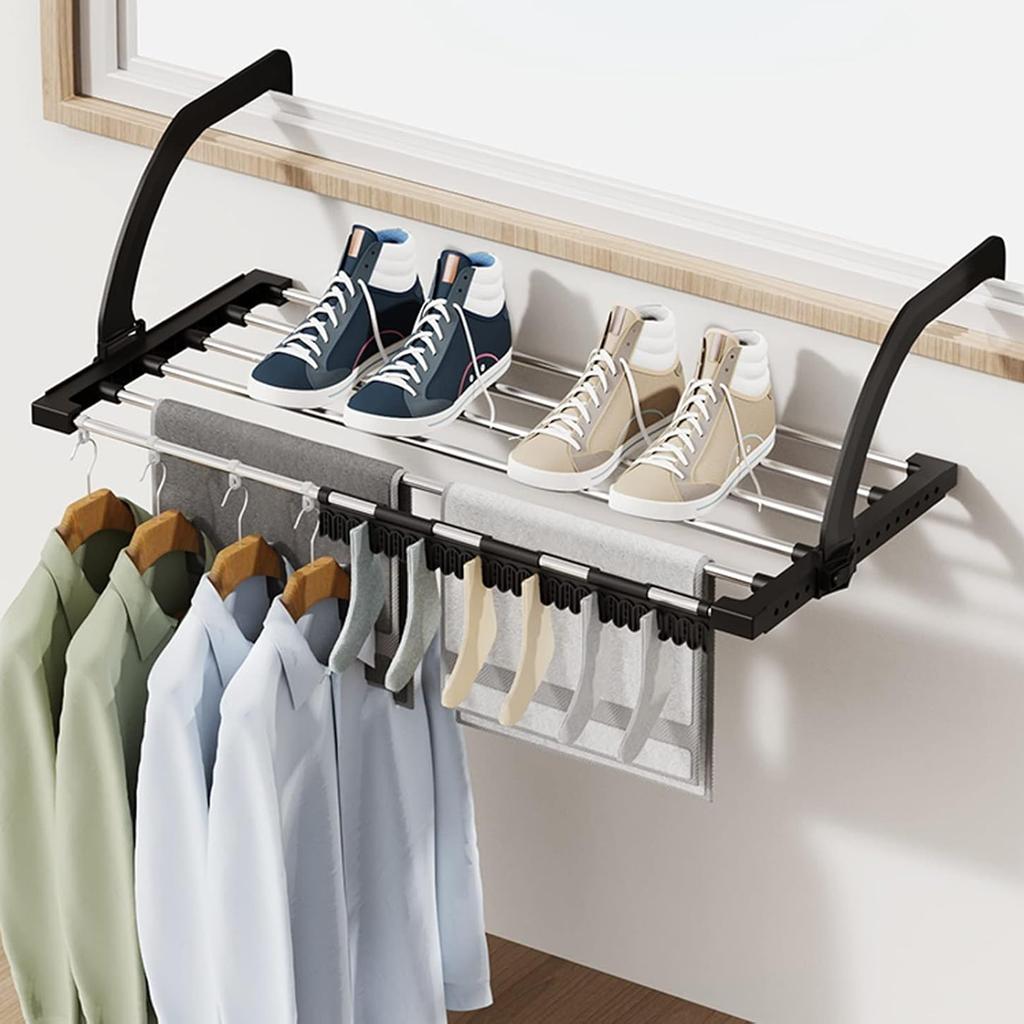 Foldable Clothes Airer Clothes Reusable Household Hanging Rack with Sock Clip Laundry Drying Rack for Bathroom Balcony Railings