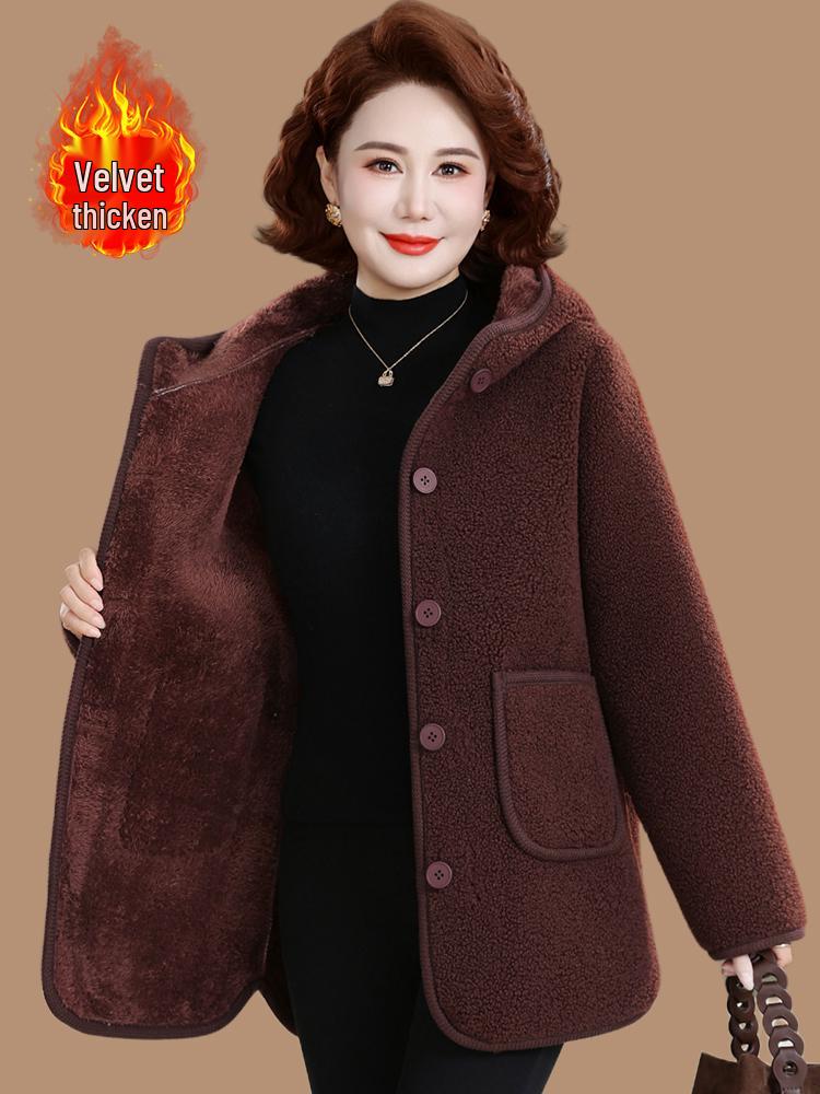 Mom's Fashionable Winter Hooded Fleece Lined Cotton Jacket for Middle-Aged & Elderly Women