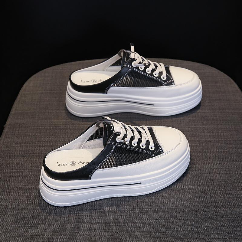 Thick-soled Bag Head Half Slippers Women's 2025 Summer Mesh Breathable One-pedal Lazy Shoes Inner Height Increase Inner Height Increase Design