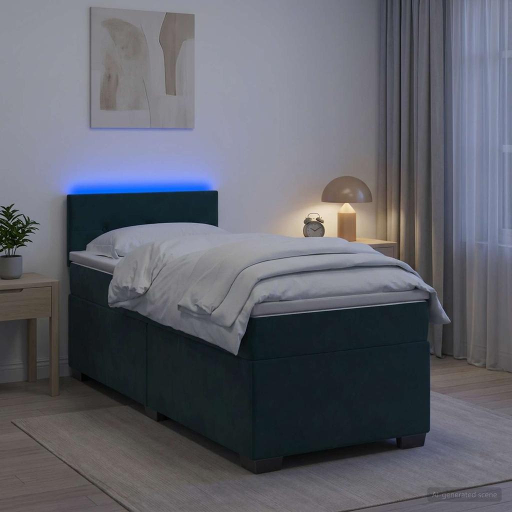 Box Spring Bed with Mattress and LED Dark Green 90 x 200 cm Velvet