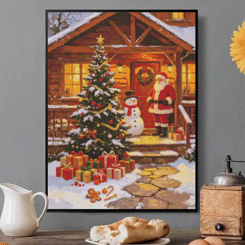 5D Diamond Painting Kit Christmas Cabin Santa Tree Full Drill Canvas Art DIY Rhinestone Craft for Bedroom Living Room Wall Decoration