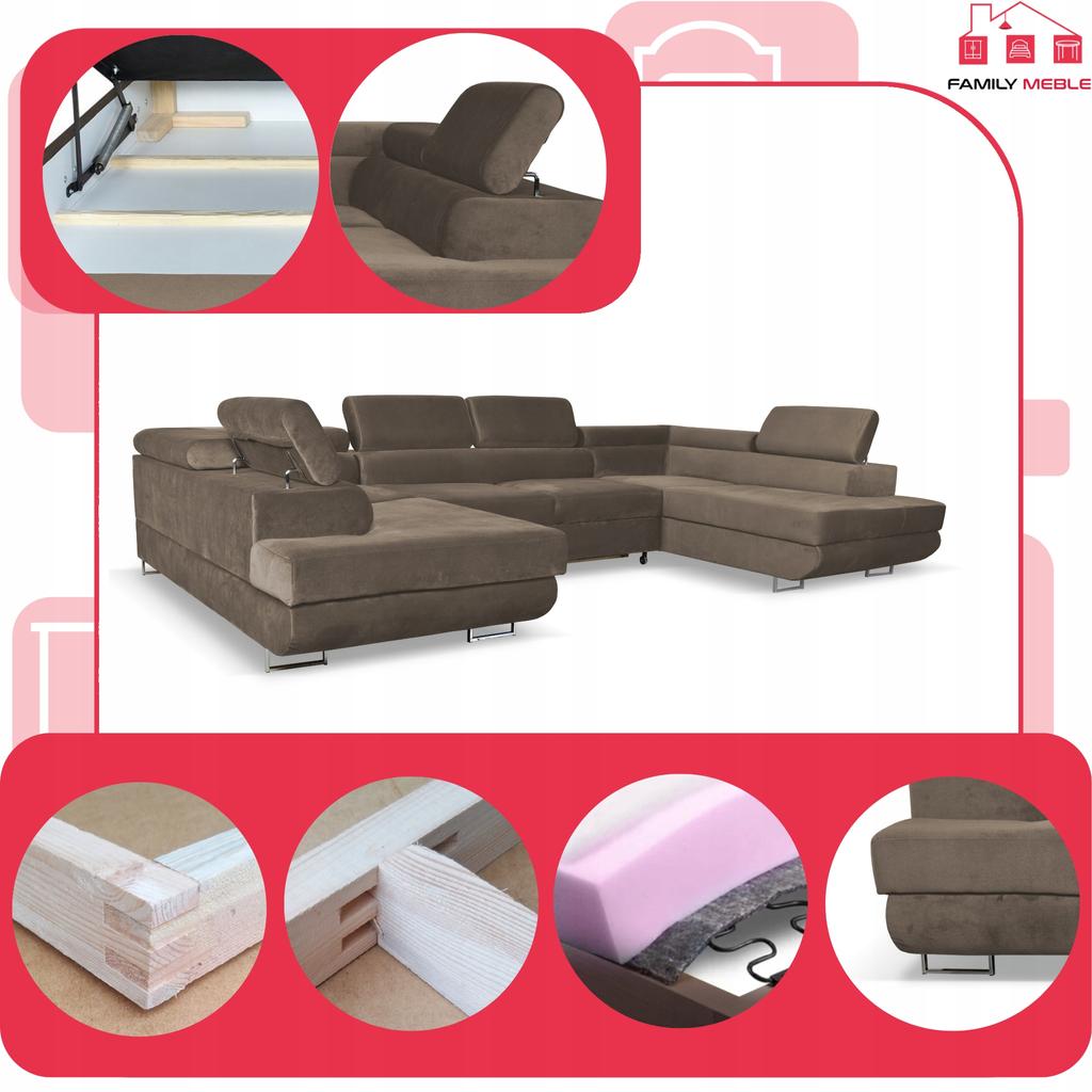 Narożnik kształt U rozkładany f. spania Bosso Family meble brązowy welur