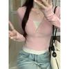 Fake Two-piece Right-shoulder Pink Long-sleeved T-shirt for Women In Autumn, Slim-fitting, Unique, Chic, Sweet and Spicy Bottoming Top