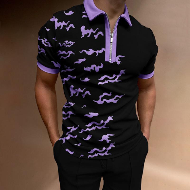 Summer Men's Casual Striped Houndstooth Digital Print T-Shirt Zipper Polo Shirt
