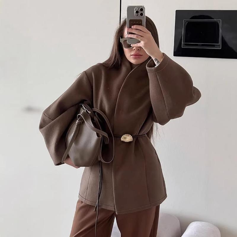 Women Brown Waisted V Neck Long Sleeve Casual Woolen Coat