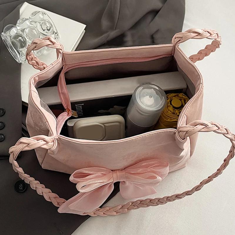 Fachi girl bow-shaped shoulder bag - single-color ballet style handbag - woven strap crossbody bag - handbag - bag