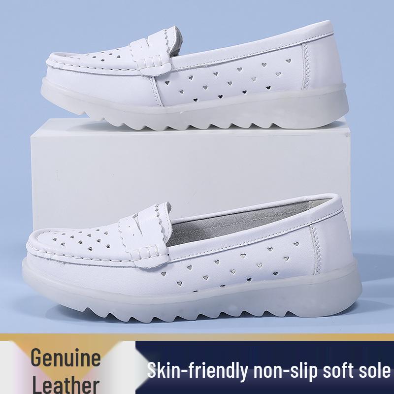 New Women's Summer Non-slip Genuine Leather Nurse Shoes - Thick Soft Sole, Comfortable & Breathable for Medical Work