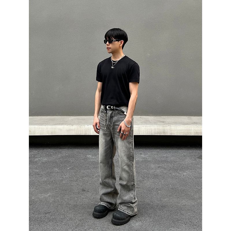 Blaexit American High Street Vibe Smoky Gray Scimitar Jeans Men's Straight-Leg Slightly Flared Cleanfit Pants Trendy