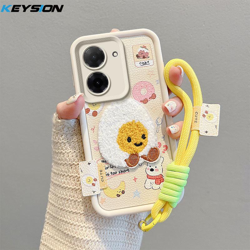 KEYSION Cartoon Cute Plush Embroidery Case for Xiaomi POCO C71 with Lanyard Soft Silicone Shockproof Phone Cover for Redmi A5 4G