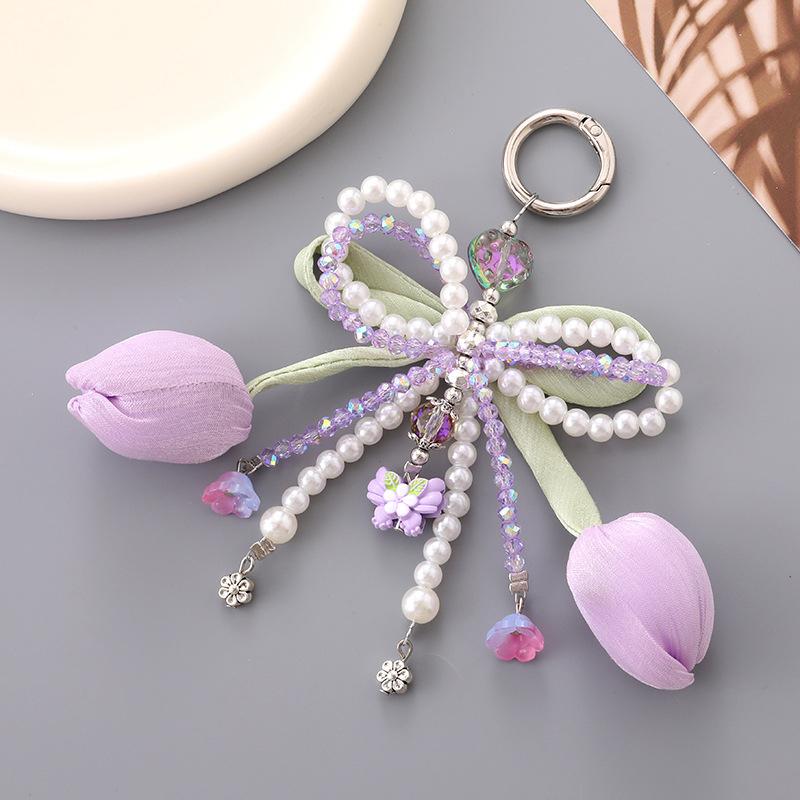 Ins Style Tulip Flower Keychain Sweet Bow Beaded Keyring Bag Pendant Earphone Case Hanging Decoration For Girls Gift