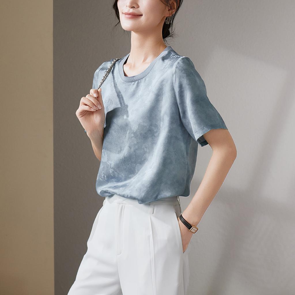 Mulberry silk jacquard round neck short-sleeved shirt for women