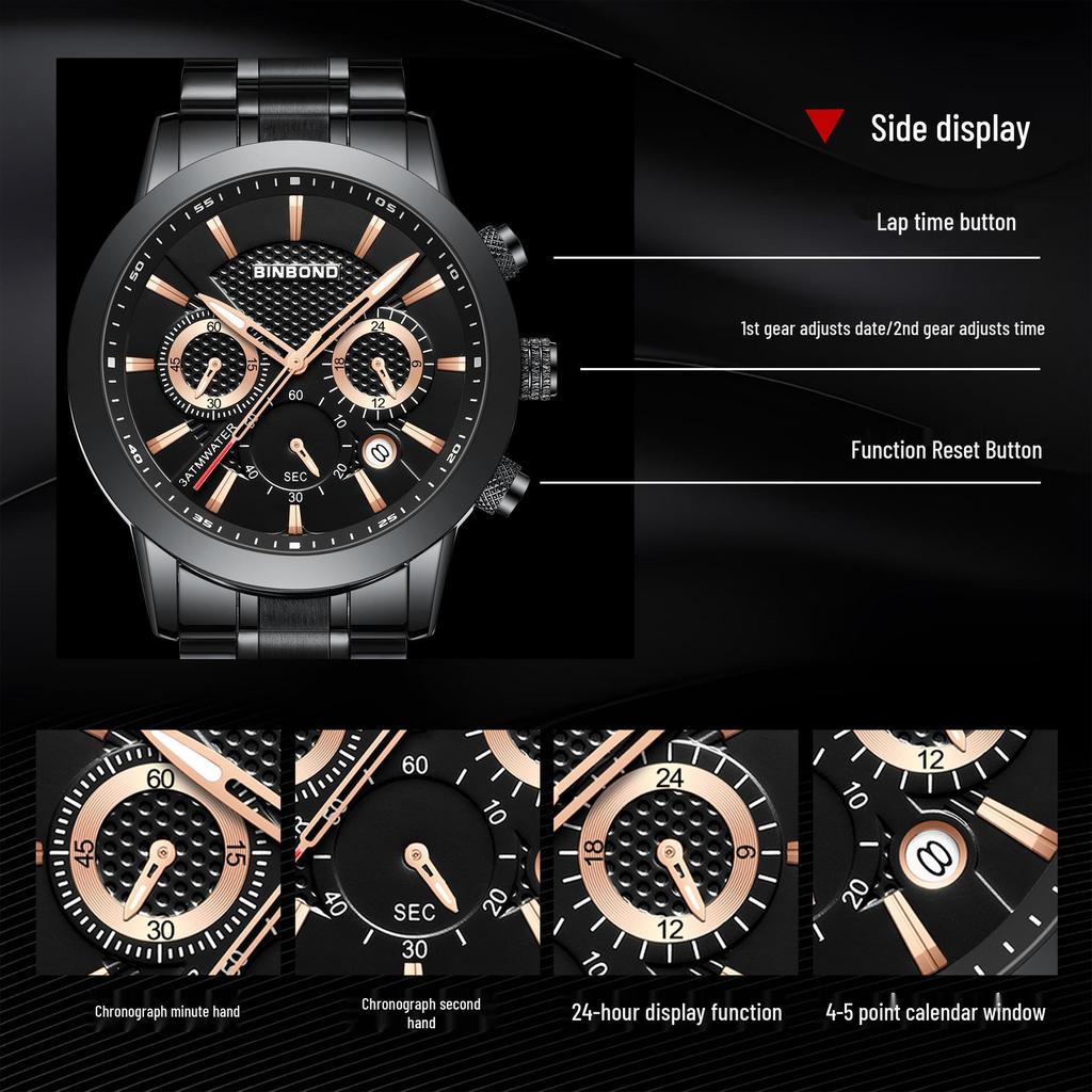 BINBOND Men's Waterproof Quartz Sports Watch with Steel Strap and Dual Eye Multifunction.