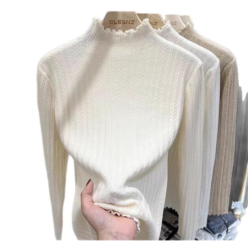 Korean Autumn and Winter New Fungus Lace Solid Color Long-sleeved Knitted Pullover Women's Basic Knitted Bottoming Shirt