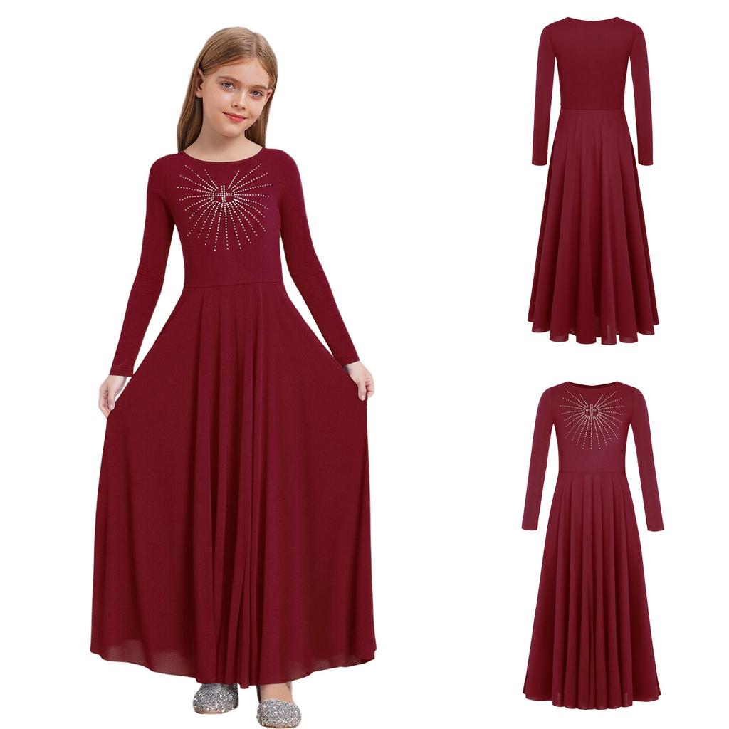 Glittery Rhinestone Church Choir Dress for Girls: Round Neck Long Sleeve A-line Maxi for Liturgical Worship Dance