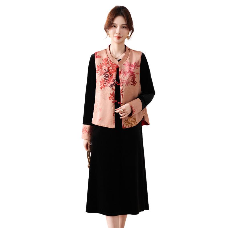 Spring Floral Vest Dress Set for Middle-Aged & Elderly Women: Stylish Base Layer & Outerwear for Spring & Autumn