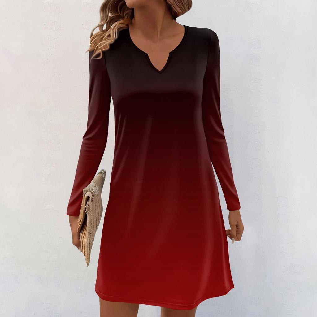 Women's Long-sleeved Casual Midi Dresses V-Neck Print  Casual Dress