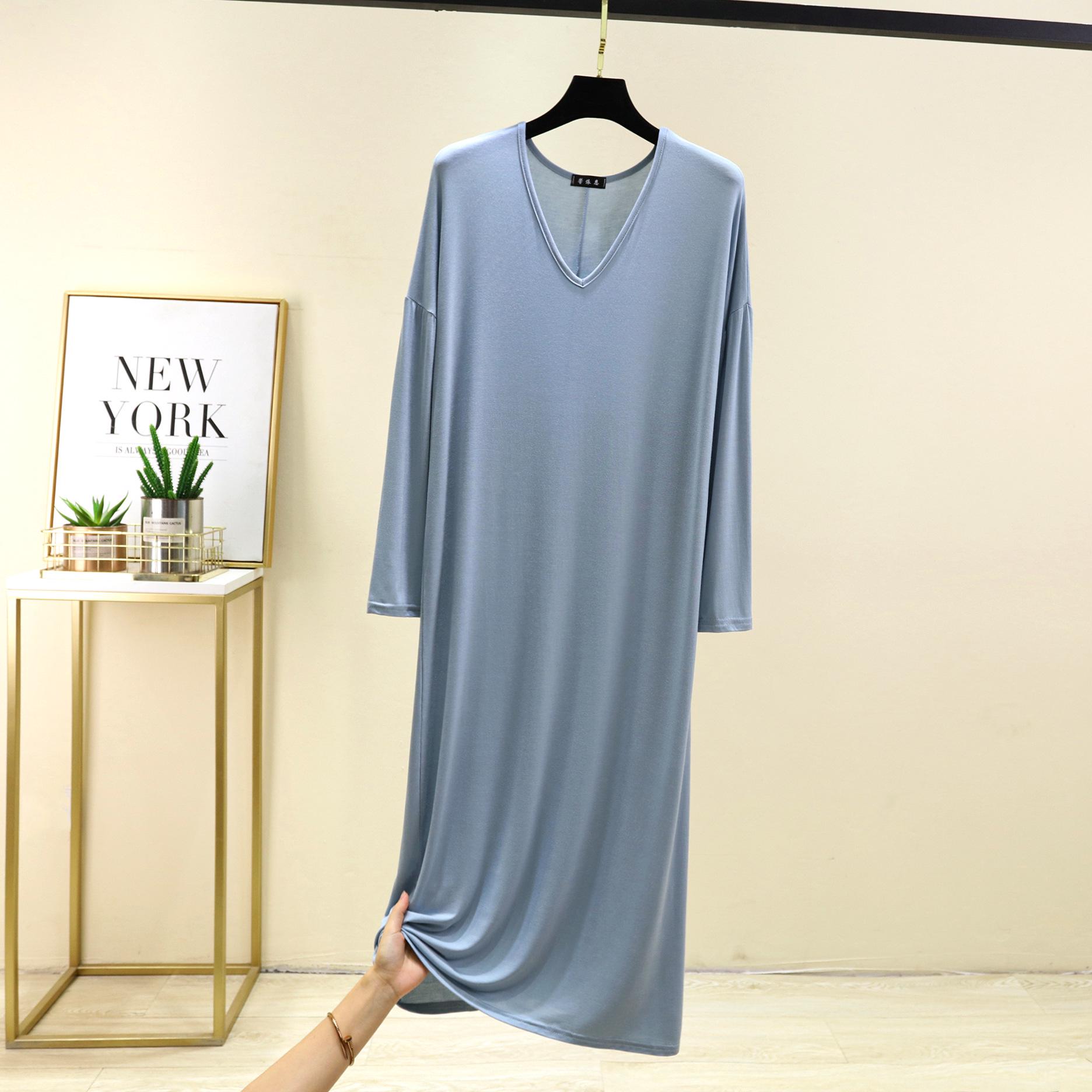 

V-Neck Long-Sleeve Loose Modal Dress for Women - Plus Size Nightgown Skirt 2XL