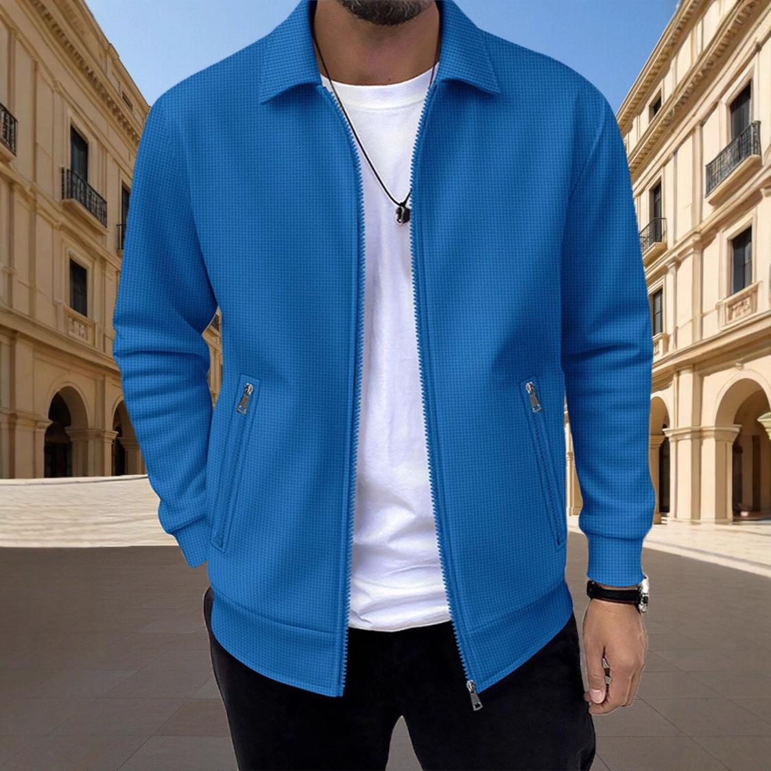 

2025 Men s Slim Fit Casual Cardigan Jacket - Spring/Autumn, Zipper Pockets, Lapel Collar, Solid Color XL синій
