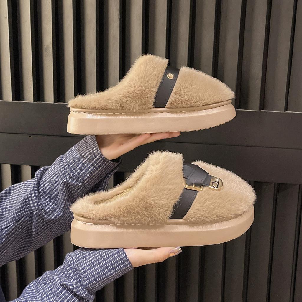 Thick-bottomed fluffy slippers for women to wear new autumn and winter bag head drag fashion plush home cotton slippers