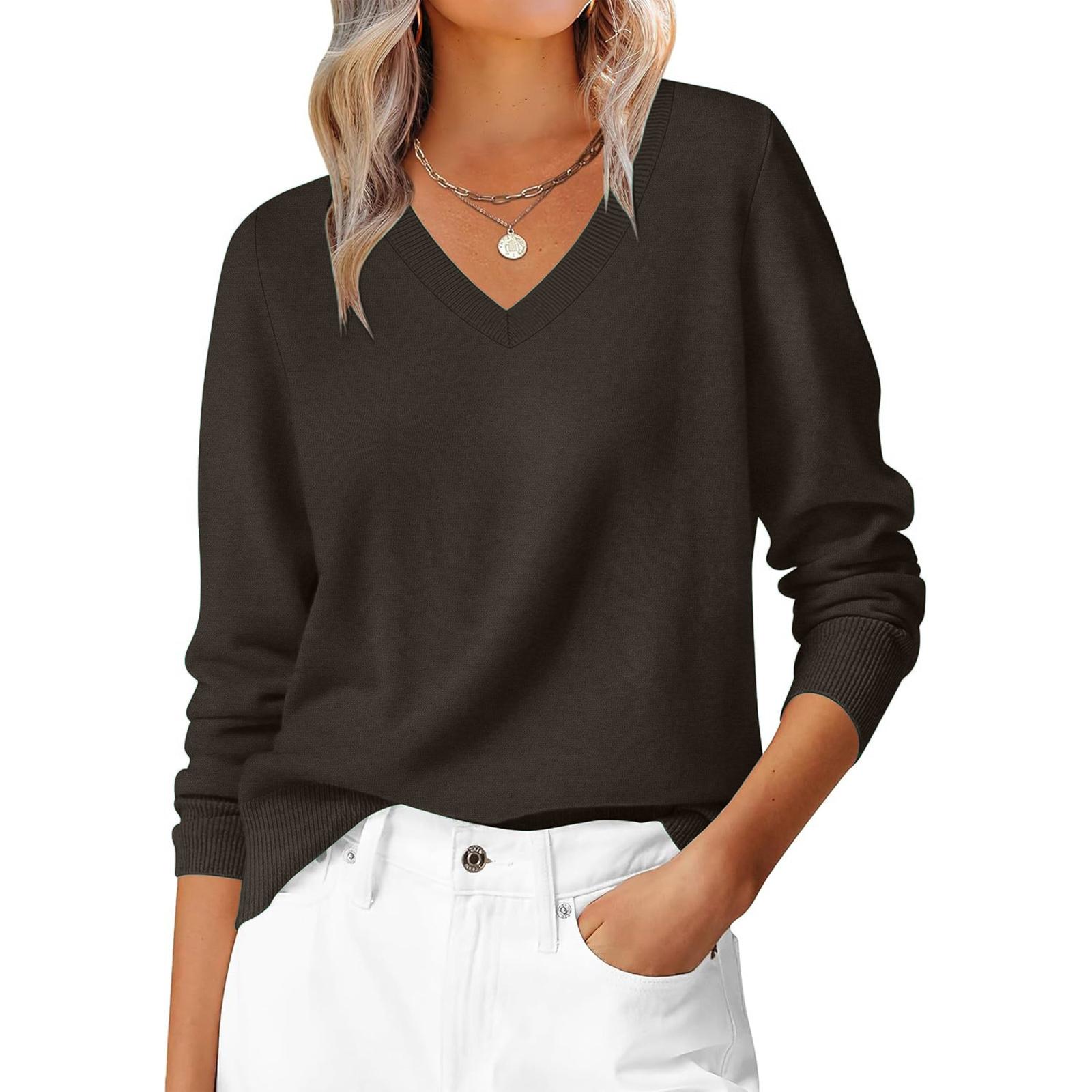 

Women s Casual V-Neck Sweater Base Layer Knitted Long Sleeve Color Top L чёрный