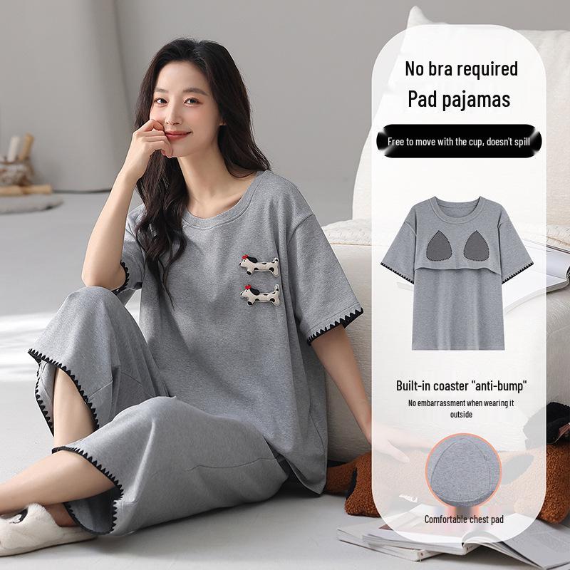 Women's Pure Cotton Pajama Set with Built-in Bra, Short Sleeve Top & 7/8 Pants - Sweet Summer Homewear.