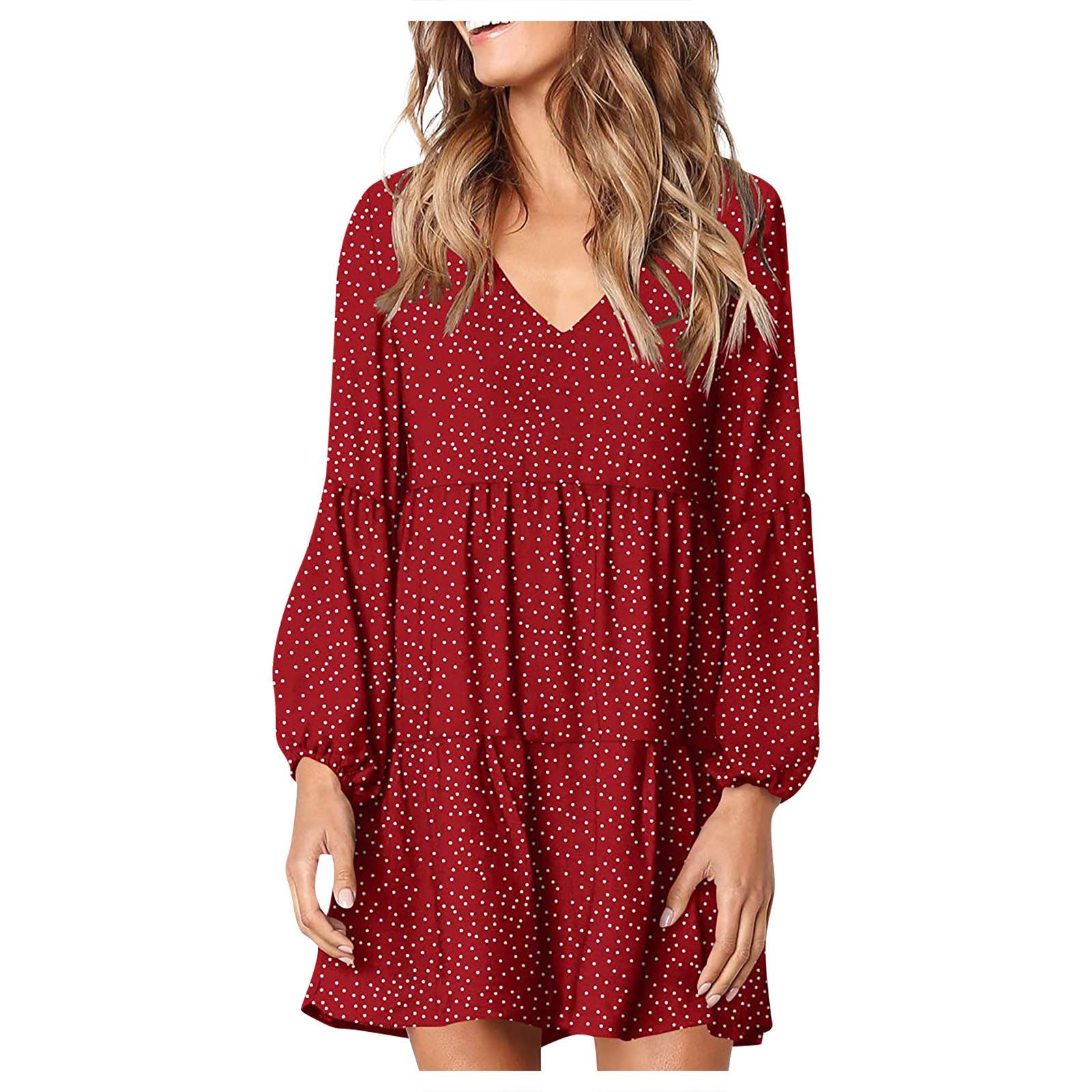 Women Fashion Polka Dot Print Loose Dress Long Sleeve V-Neck Dress XXL красный