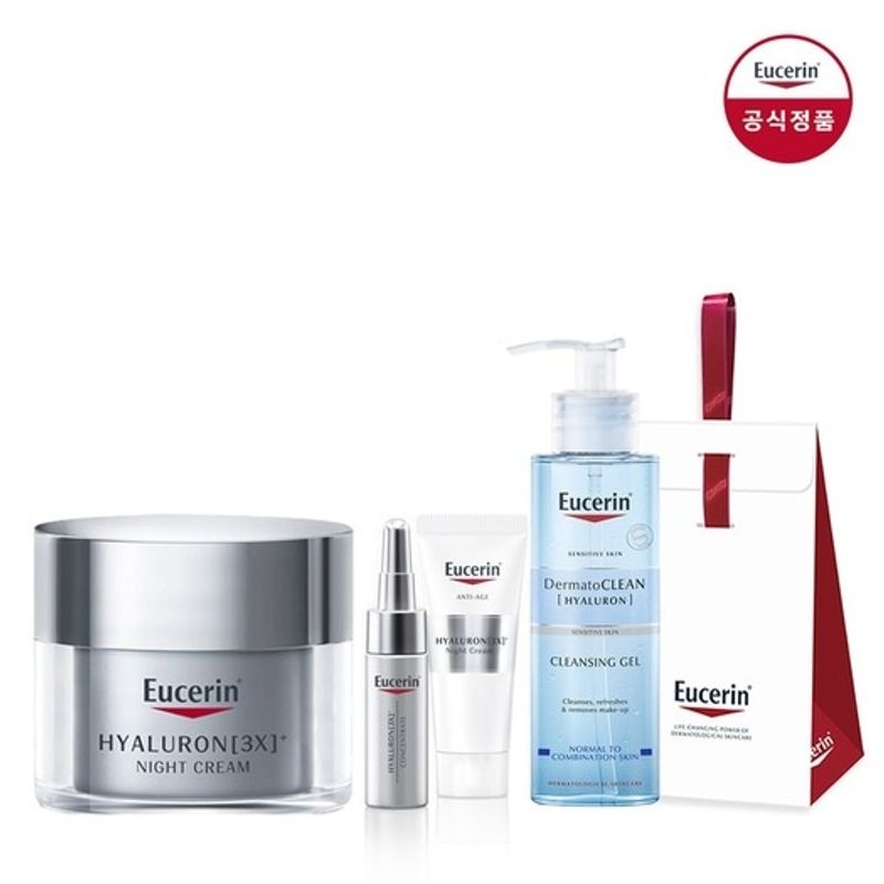 Eucerin Hyaluronic 3X Night Cream 50ml, Dermatoclean Cleansing Gel 200ml, Concentrate Mini 5ml x 1, 3X Night Cream Mini 7ml x 1, Ribbon Gift Box