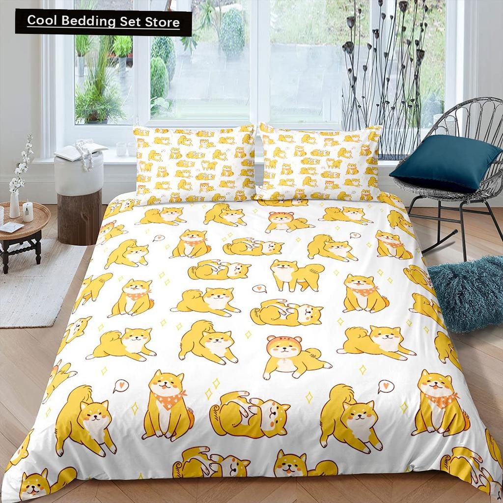Cartoon Shiba Inu King Queen Bedding Set Yellow Pet Puppy Duvet Cover Cherry Blossoms Tree Quilt Cover Polyester Comforter Cover