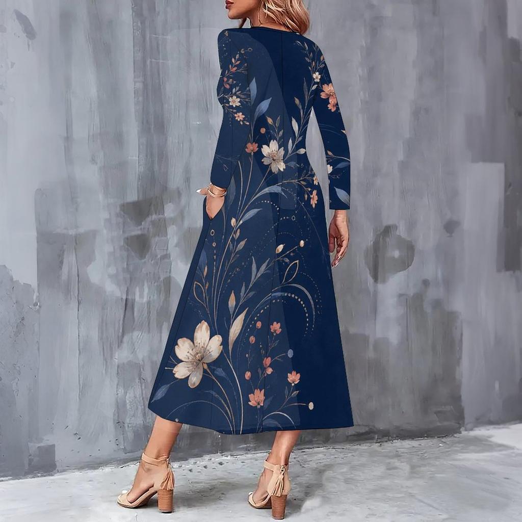 Women Plus Size Round Neck Long Sleeve Floral Printed A Line Midi Dress With Pockets