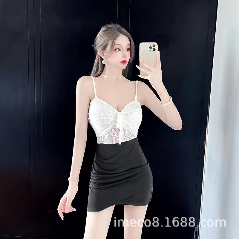 Pure desire v-neck waist exposed sexy slim slim slim short skirt lace splicing contrasting color tight hip wrap suspender dress summer S белый