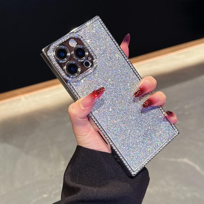 Glitzernde Handyhülle mit Diamantrahmen für iPhone 16 Pro 15 Pro Max 14 13 Pro, galvanisiert, stoßfest, Linsenschutz, Silikon, weiche Bumper-Abdeckung