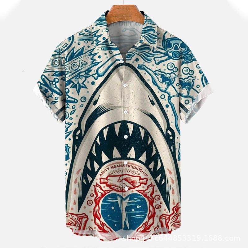 1116 New Shark 1d Printing Summer Casual Short Sleeve Shirt Men's Wholesale Manufacturer Europe