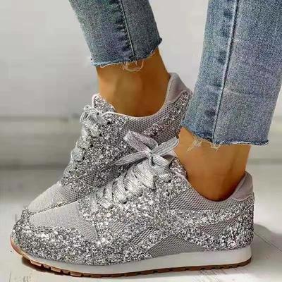 Kadın Düz Glitter Spor Ayakkabı Rahat Bling Vulkanize Ayakkabı Kadın Örgü Dantel Up Platformu Konfor Artı Boyutu Moda Bayanlar Sonbahar