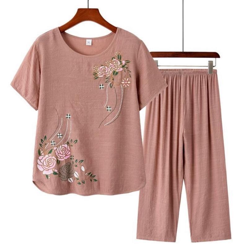 Women's Summer Cotton Linen Short-Sleeved Two-Piece Set: Grandma Mom Pajama Top and Pants.