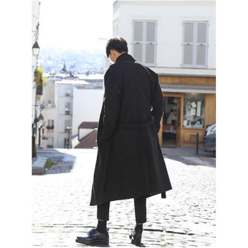 Men's Spring and Fall  Loose Lacing Medium-length Tweed Coat Youth Solid Color Single-breasted Lapel Windbreaker