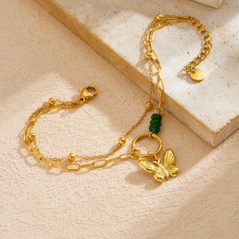 Gold Plated Stainless Steel Double Layer Butterfly Charm Bracelet with Green Beads for Women