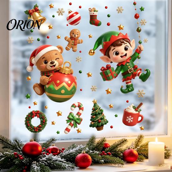 No Glue Window Decorations 2PCS Christmas Static Sticker, Cute Cartoon Elves And Bears Removable Festive Stickers Print, PVC Glass for Holiday