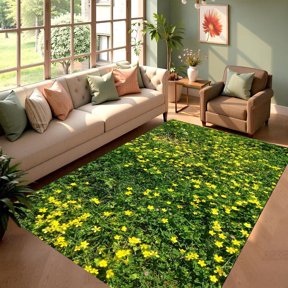 3D Grüner Rasen Bedruckter Teppich Gänseblümchen-Muster Wohnzimmerteppich Innenbereich Anti-Rutsch-Matte Schlafzimmerteppich Wohnzimmerteppich Heimdekoration