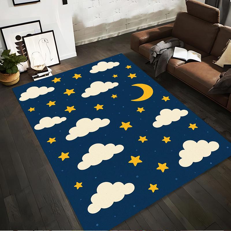 Clouds and Stars Pattern with Moon Rug Non-slip rug suitable for living room and bedroom sofas.