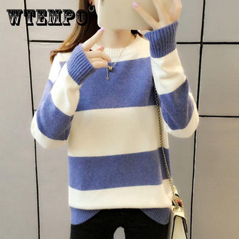 

Модный полосатый свитер с круглым вырезом и длинными рукавами, свободная рубашка, свитер, женская осенне-зимняя одежда