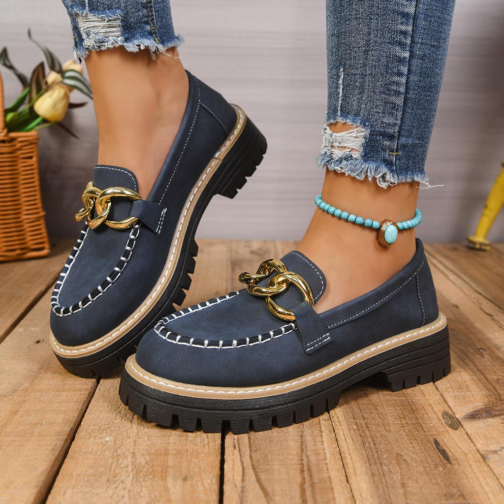 Women's Wide Width Metallic Buckle Loafers - British Style Chunky Heel Platform Flats for Fall, Casual Fashion Shoes