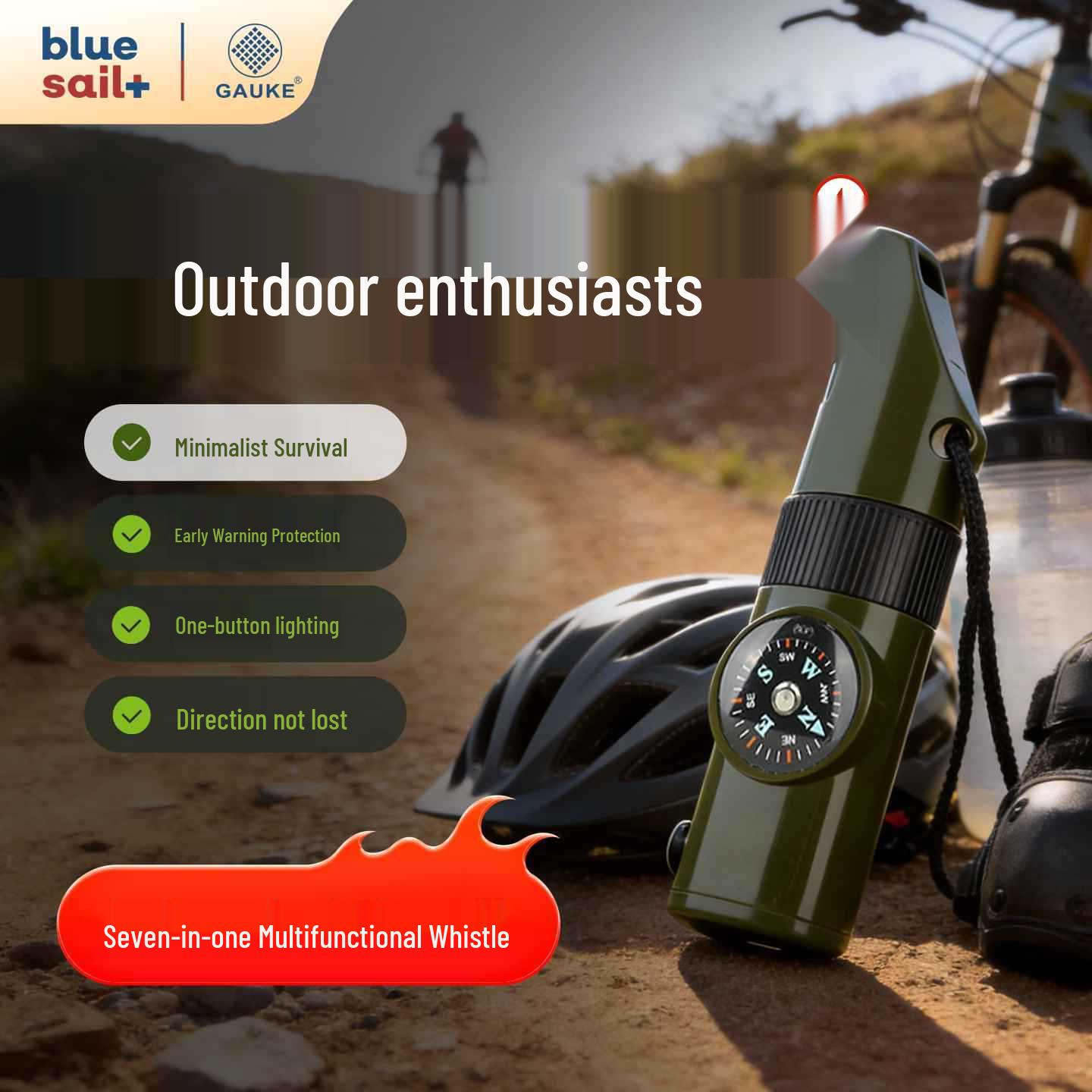 Gaoge Outdoor Multi-functional 7-in-1 Emergency Survival Whistle & Safety Tool