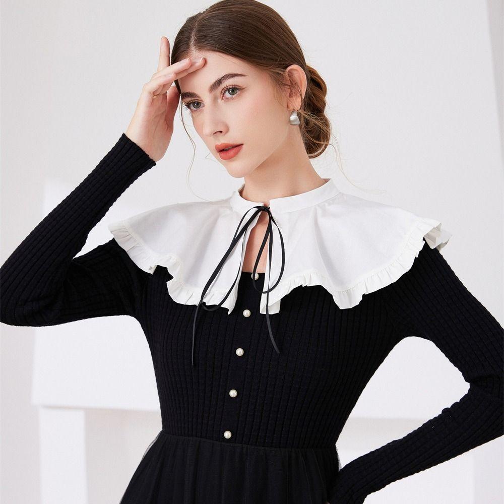 White Shawl Detachable Collar Bowknot Blouse Shoulders Fake Collar Ruffled Shawl  All Matching