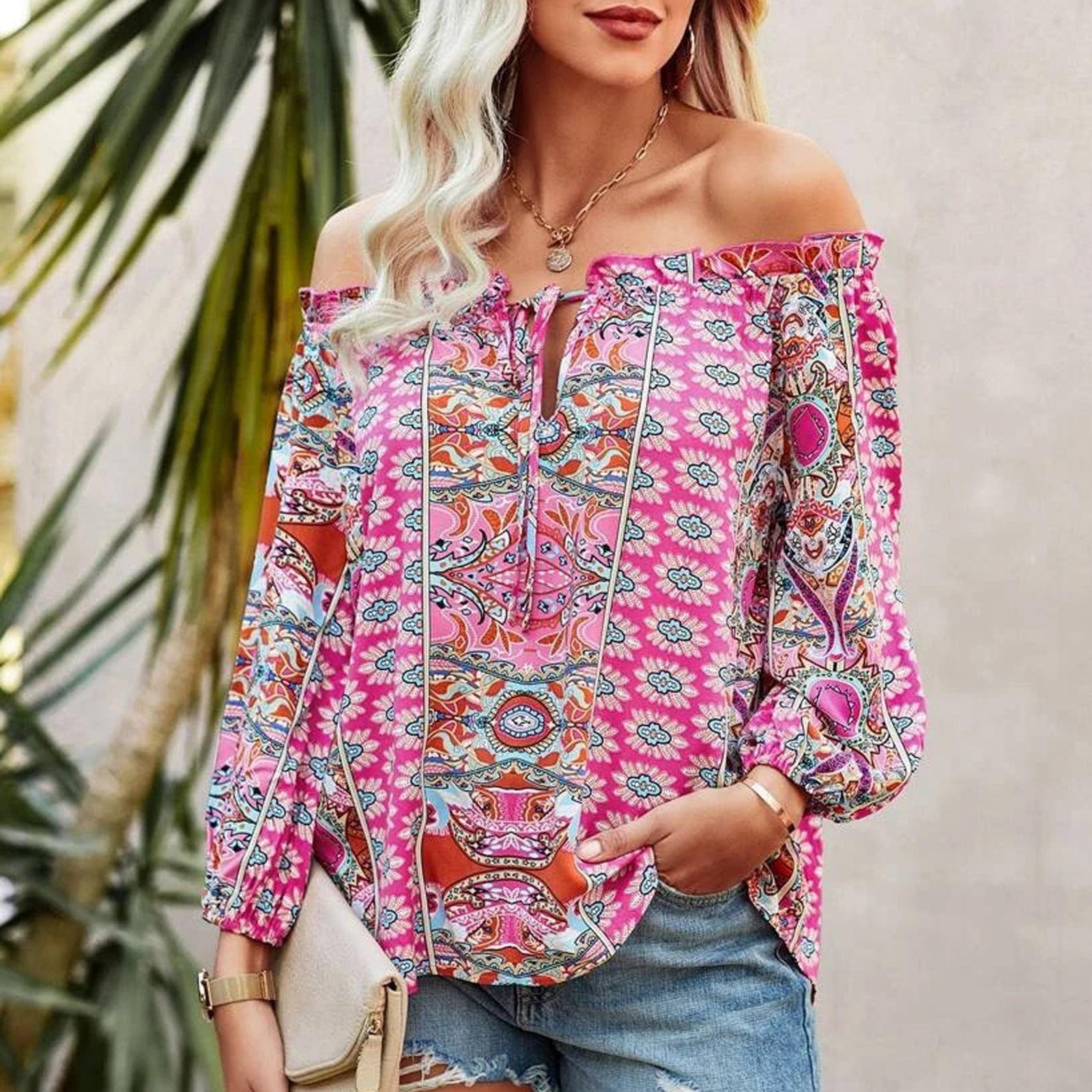 

Женская рубашка в стиле бохо с цветочным принтом и открытыми плечами, рюшами и узлом спереди L горячий розовый