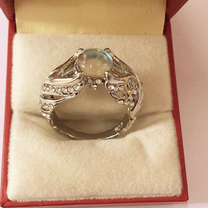 E-Commerce Hollow White Swan Colorful Imitation Moonstone Ring Women'S Popular Jewelry