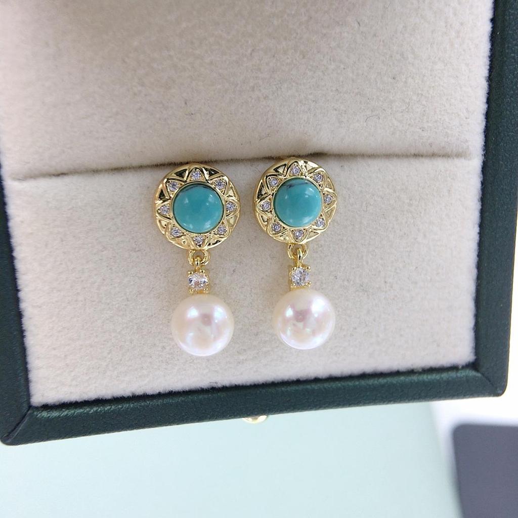 Zhuji Vintage Court Turquoise Freshwater Pearl Earrings with Micro-Paved Zircon